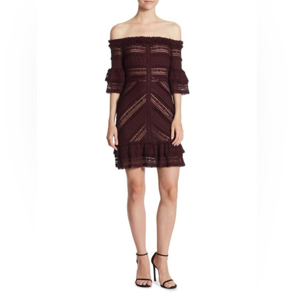 Cinq a Sept Naya Off-The-Shoulder Bell-Sleeve Mini Dress in Mulberry Size 4 - Picture 1 of 10